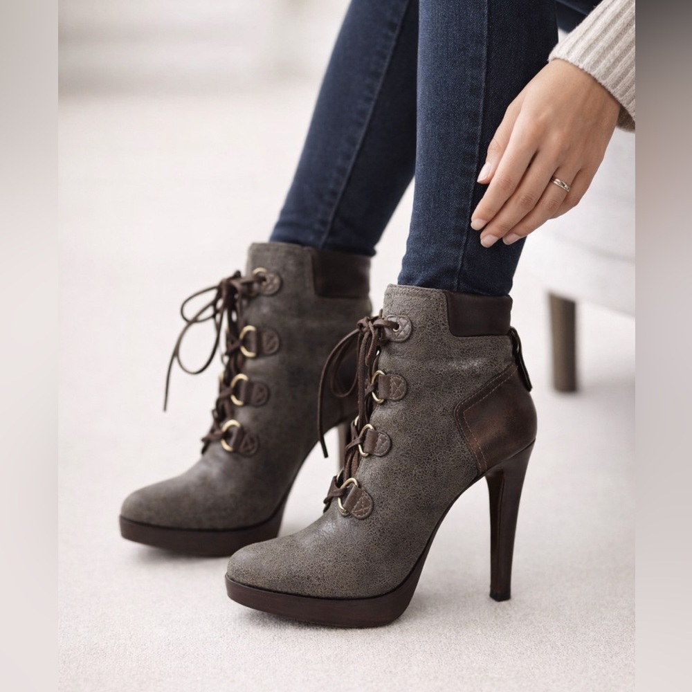 Tory Burch Lawson Bootie Pewter Brown Leather Platform Stiletto Ankle Boots 8.5